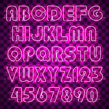 Parlak mor neon alfabesi ve rakam.