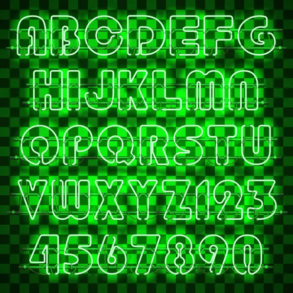 Glowing green neon alphabet. — Stock Vector