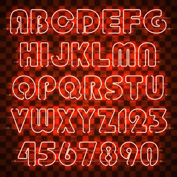 Glowing orange neon alphabet and digits. — Stock Vector