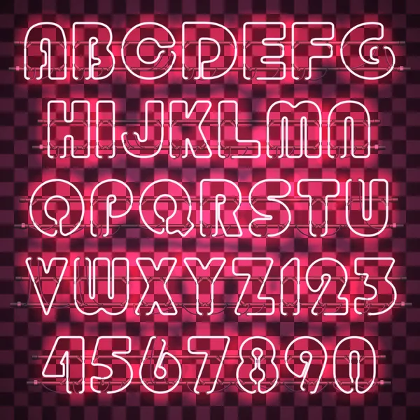 Gloeiende roze neon alfabet en cijfers. — Stockvector
