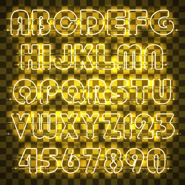 Glowing yellow neon alphabet and digits. — Stock Vector