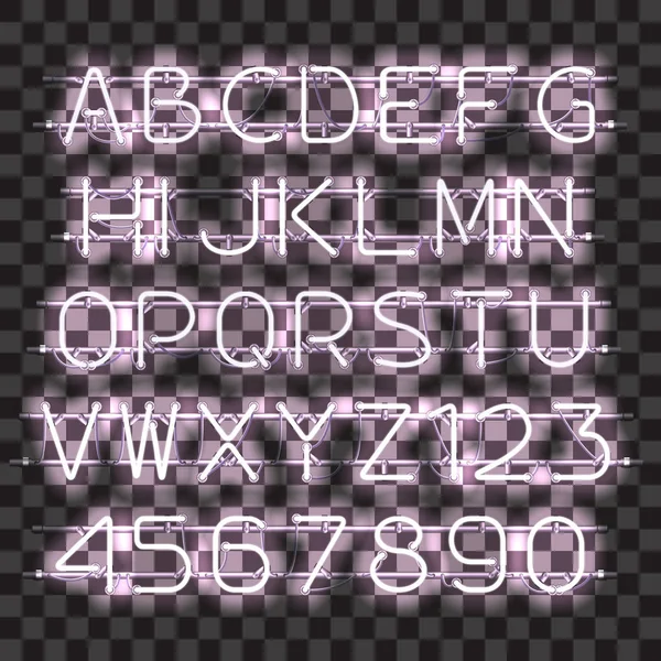 Leuchtend weißes Neon-Alphabet und Ziffern. — Stockvektor