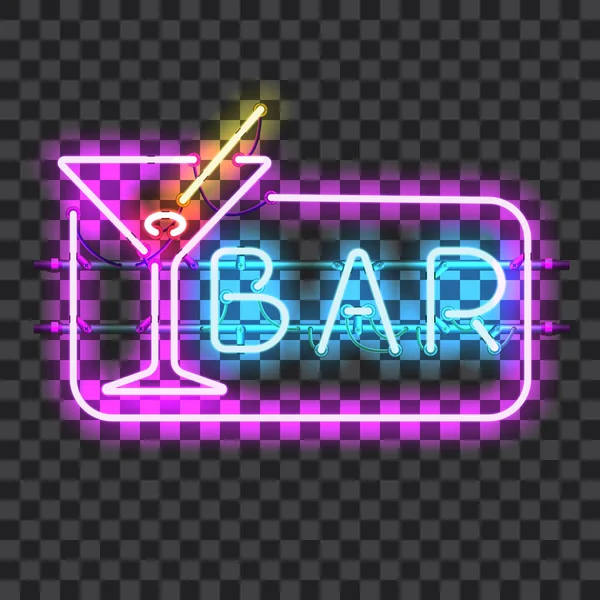 Panneau lumineux néon bar avec verre martini — Image vectorielle