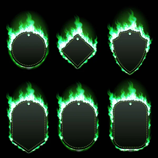 Ensemble de six cadres entourés de flamme verte — Image vectorielle