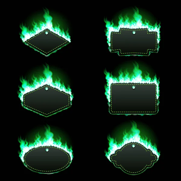 Set of six frames surrounded with green flame — Stock Vector