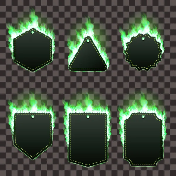 Set van zes frames omringd met groene vlam — Stockvector