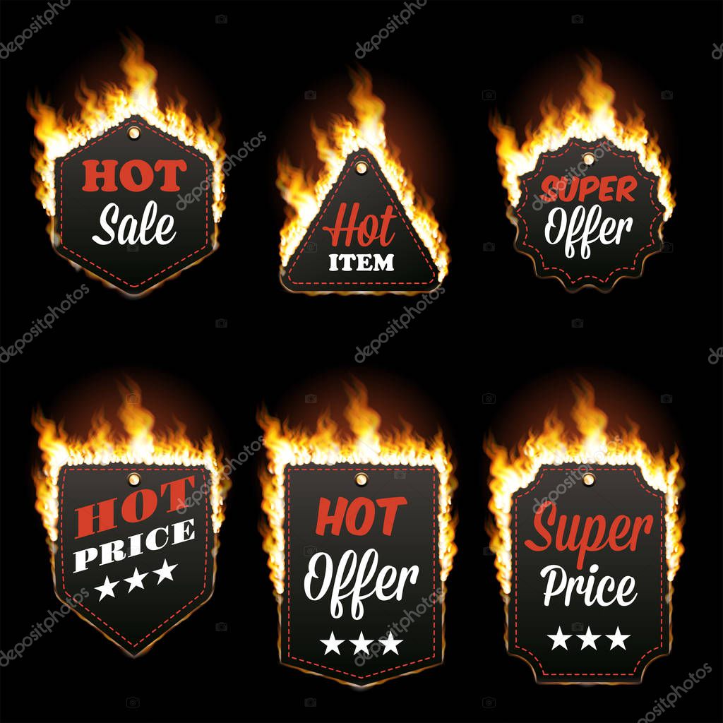 Set of six hot sale horizontal frames of different shapes surrounded with realistic flame isolated on black background. Burning fire light. Bonfire elements. Gradient mesh vector for your design