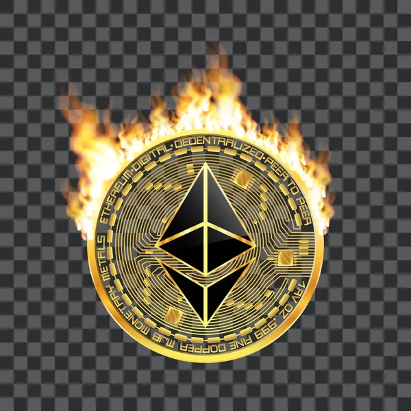 Crypto currency ethereum golden symbol on fire — Stock Vector