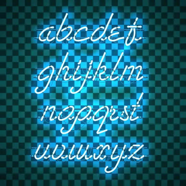 Glödande blå Neon gemener Script typsnitt — Stock vektor