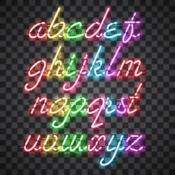 Polices de caractères minuscules néon multicolores lumineuses — Image vectorielle