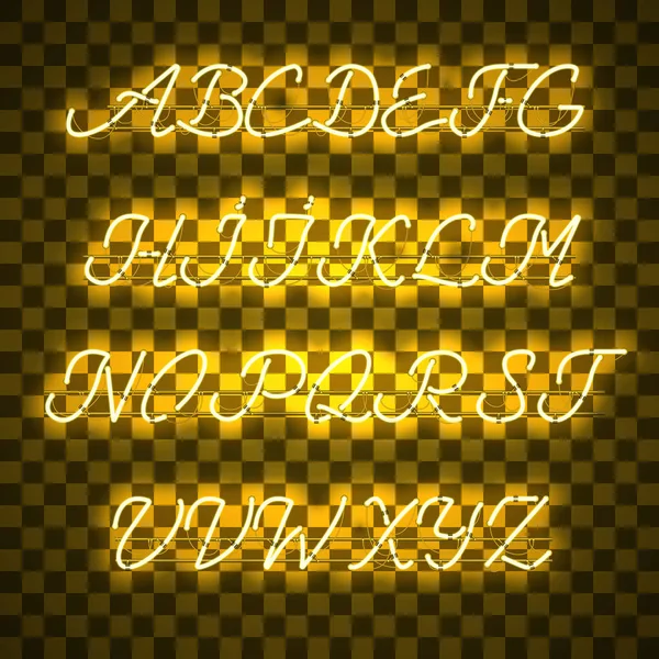 Fonte de script de letras maiúsculas de néon amarelo brilhante —  Vetores de Stock