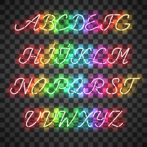 Leuchtende mehrfarbige Neon-Großbuchstaben-Schrift — Stockvektor