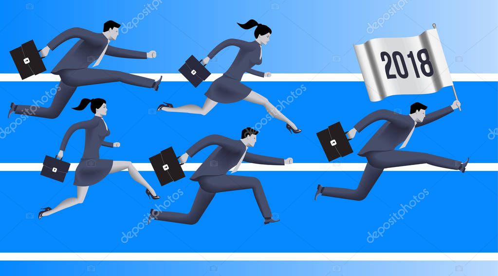 Running to year 2018 business concept. Confident business people run with flag with number 2018. Concept of team, new horizon, new opportunities and challenges. Vector illustration.