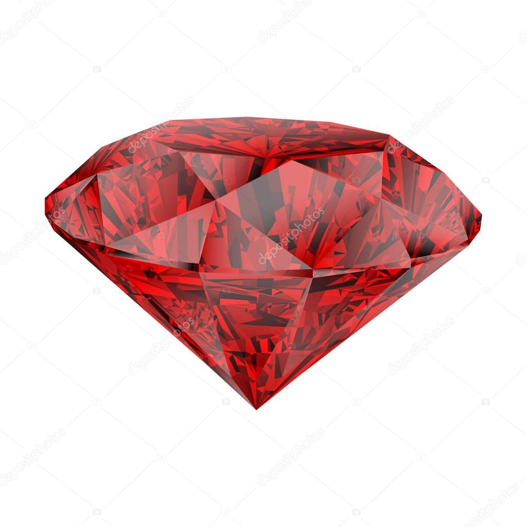 Realistic red ruby isolated on white background. Shining red jewel, colorful gemstone. Can be used as part of logo, icon, web decor or other design.
