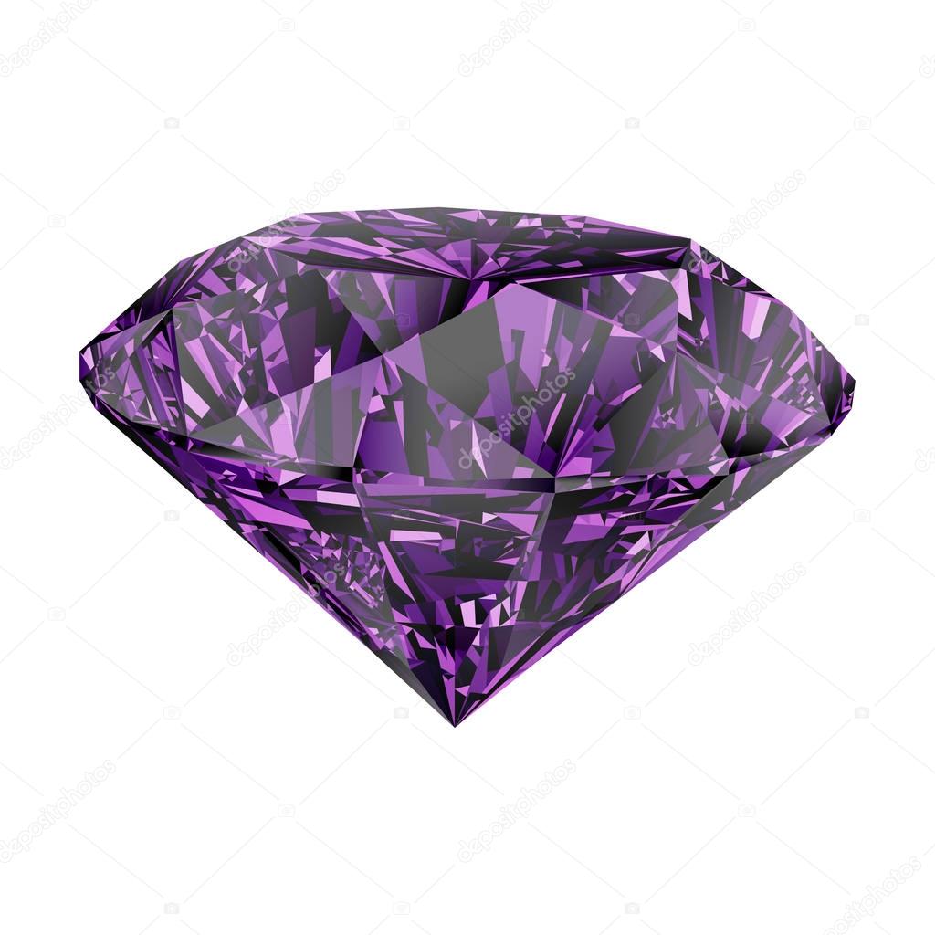 Realistic shining purple amethyst jewel isolated on white background. Colorful gemstone that can be used as part of logo, icon, web decor or other design.