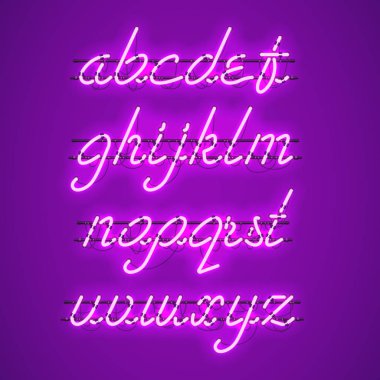 Parlak mor Neon küçük harf komut dosyası yazı tipi