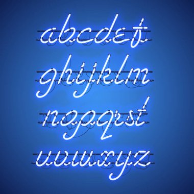 Parlak mavi Neon küçük harf komut dosyası yazı tipi