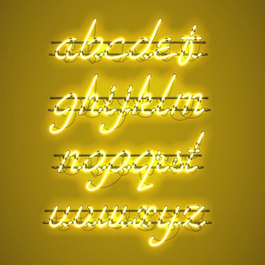 Parlak sarı Neon küçük harf komut dosyası yazı tipi