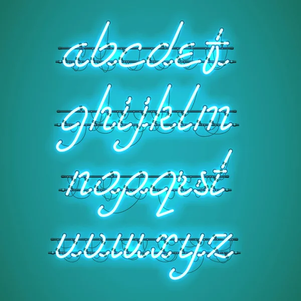 Glödande blå Neon gemener Script typsnitt — Stock vektor