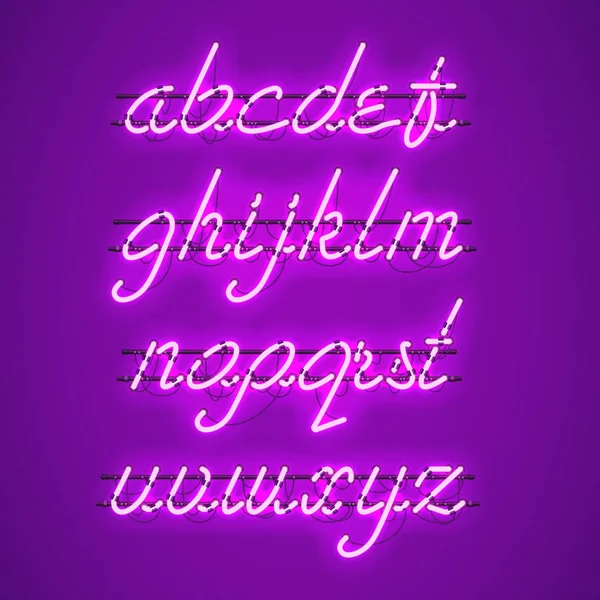 Fuente de script en minúscula de neón púrpura brillante — Vector de stock