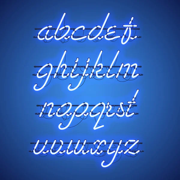 Gloeiende blauwe Neon kleine letters Script lettertype — Stockvector