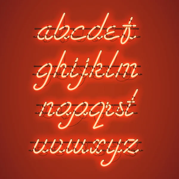 Glödande Orange Neon gemener Script typsnitt — Stock vektor