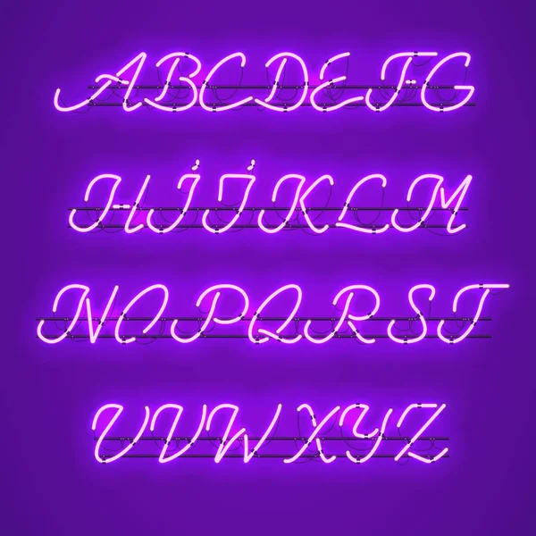 Gloeiende paarse Neon hoofdletters Script lettertype — Stockvector