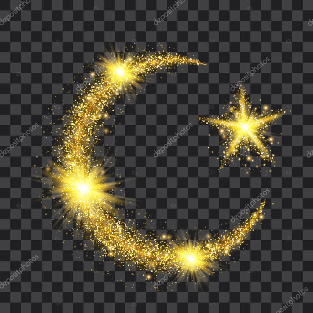 Golden particles wave in form of islam symbols crescent and star with bright shining and glowind particles isolated on transparent background. Glitter bright trail, glowing wave vector illustration