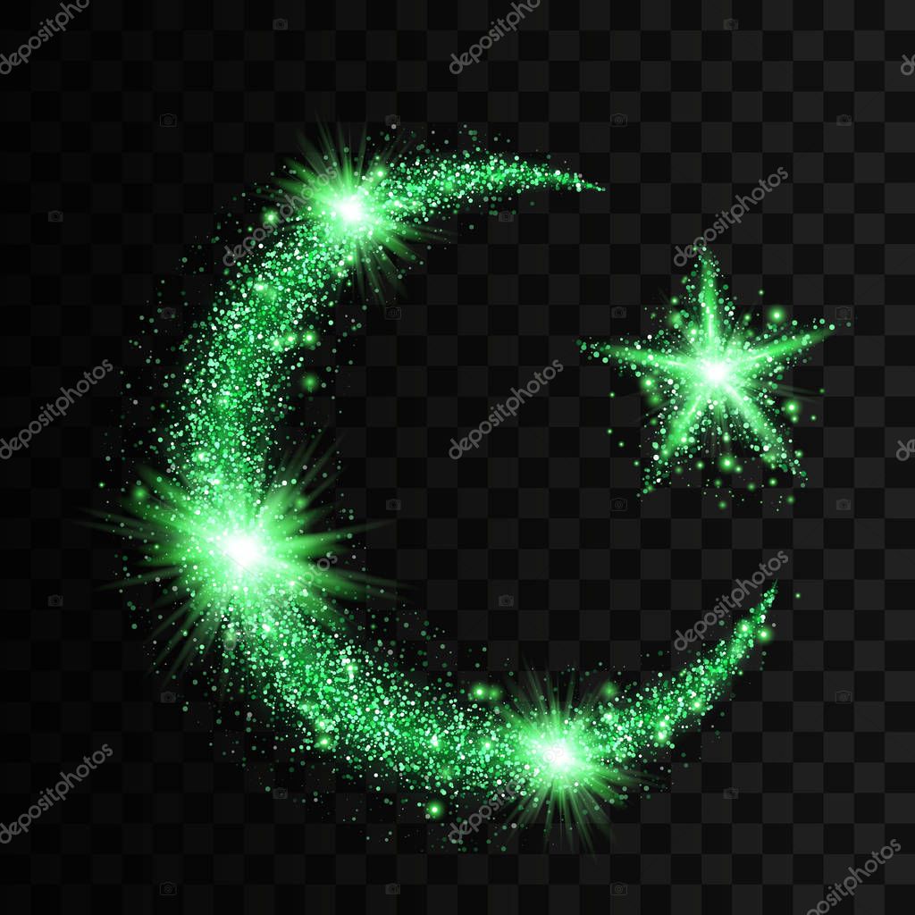 Green particles wave in form of islam symbols crescent and star with bright shining and glowind particles isolated on transparent background. Glitter bright trail, glowing wave vector illustration