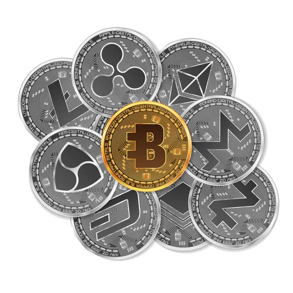 Ensemble de monnaies cryptographiques or et argent — Image vectorielle