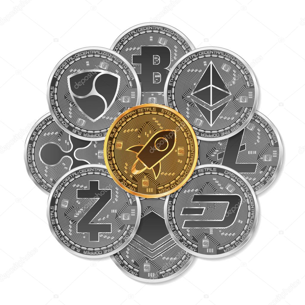 Set of gold and silver crypto currencies with golden stellar in front of other crypto currencies as leader isolated on white background. Vector illustration. Use for logos, print products
