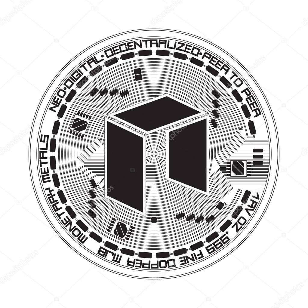 Crypto currency black coin with black neo symbol on obverse isolated on white background. Vector illustration. Use for logos, print products, page and web decor or other design.