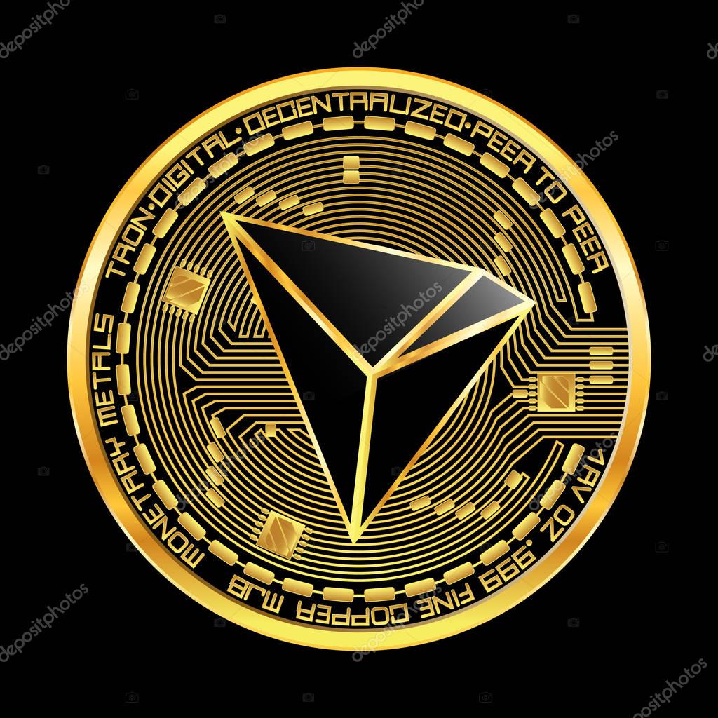 Crypto currency golden coin with black lackered tron symbol on obverse isolated on black background. Vector illustration. Use for logos, print products, page and web decor or other design.