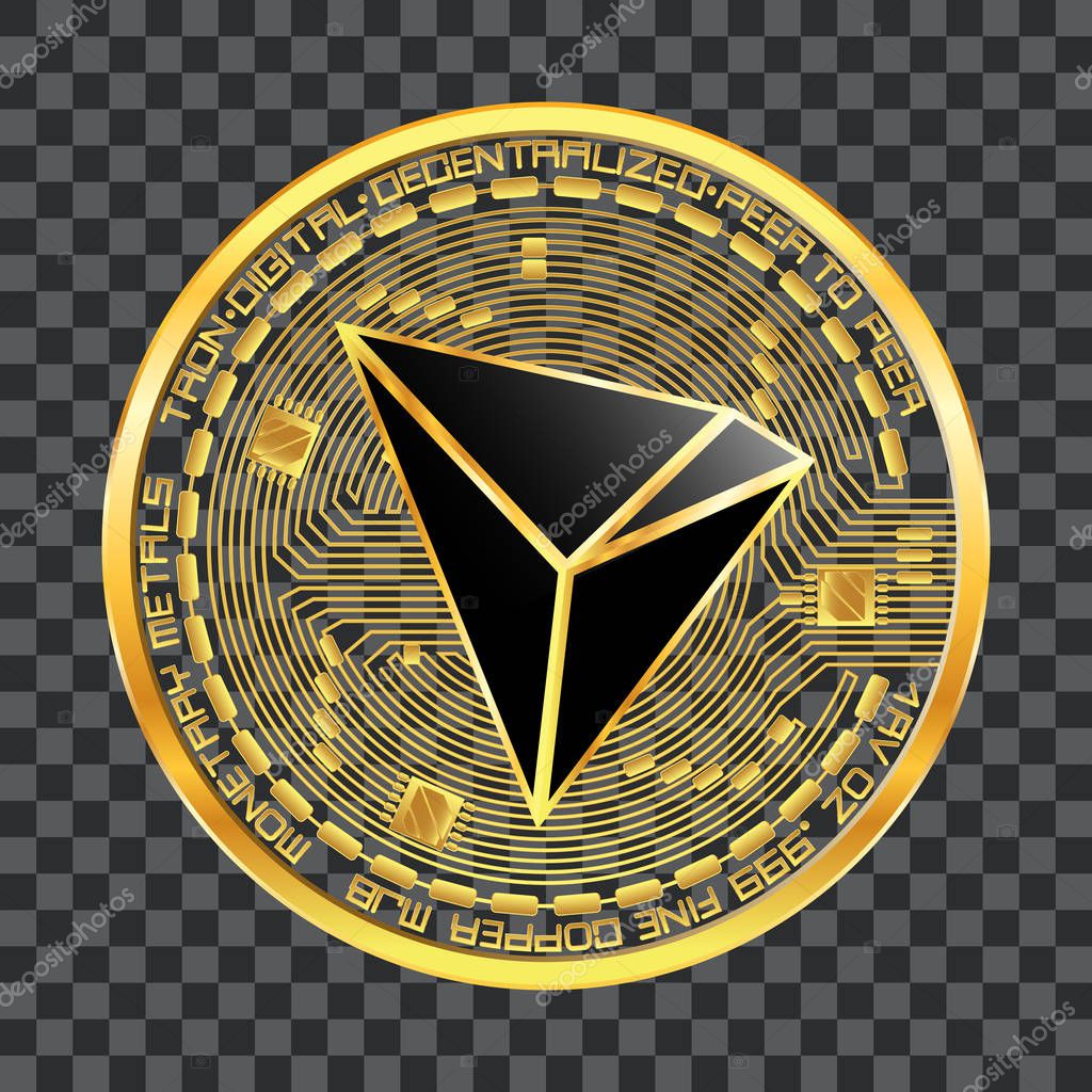 Crypto currency golden coin with black lackered tron symbol on obverse isolated on transparent background. Vector illustration. Use for logos, print products, web decor or other design.