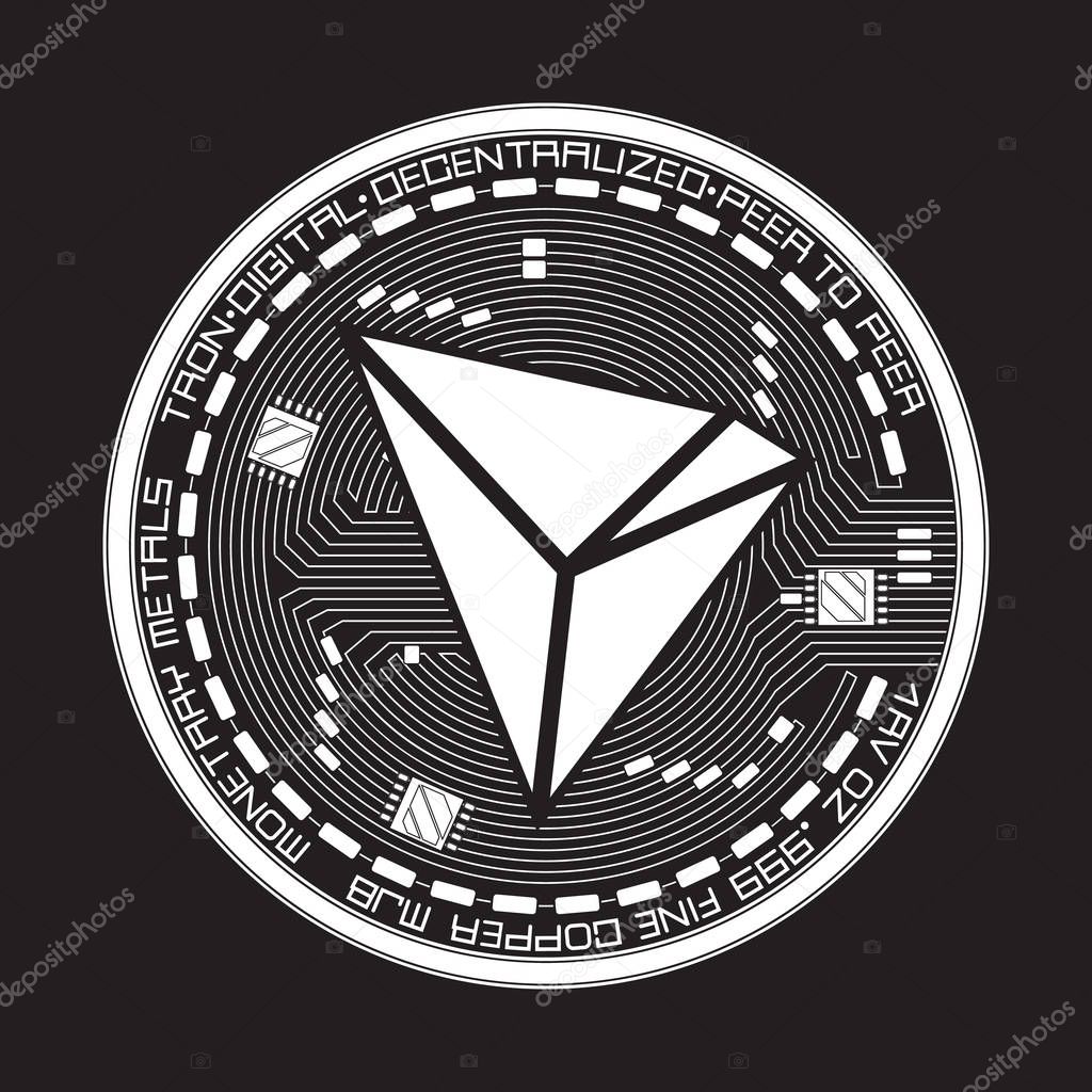 Crypto currency white coin with black tron symbol on obverse isolated on black background. Vector illustration. Use for logos, print products, page and web decor or other design.