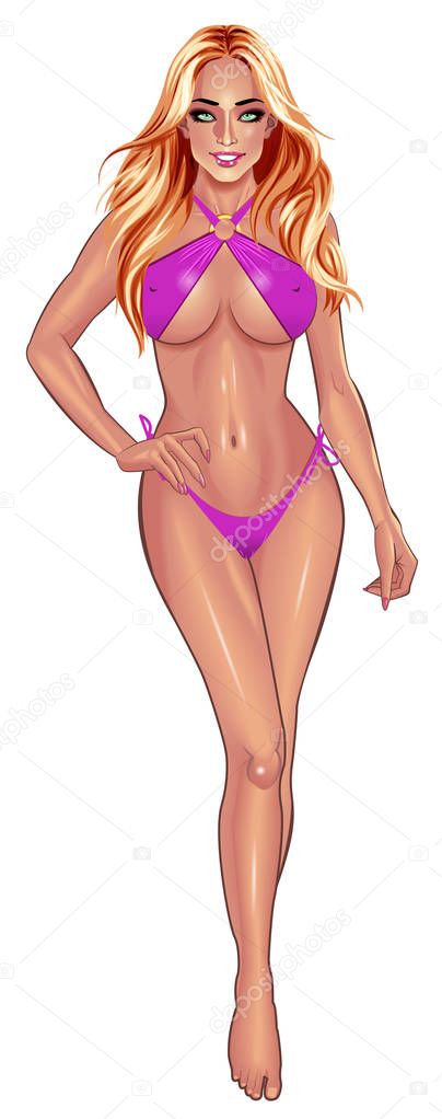 Beautiful sexy young women in purple bikini isolated on white background. Beach summer lady with with perfect fitness body. Use for logos, print products, web decor or other design. Vector.