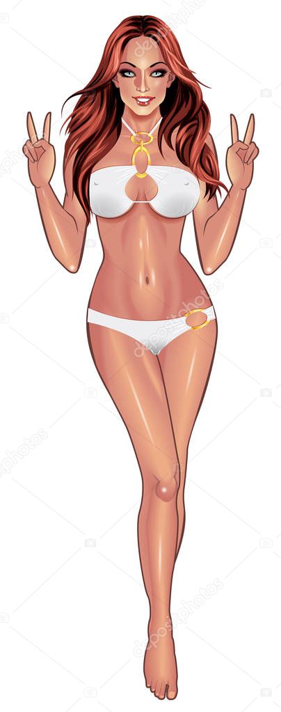 Beautiful sexy young women in white bikini isolated on white background. Beach summer lady with with perfect fitness body. Use for logos, print products, web decor or other design. Vector.