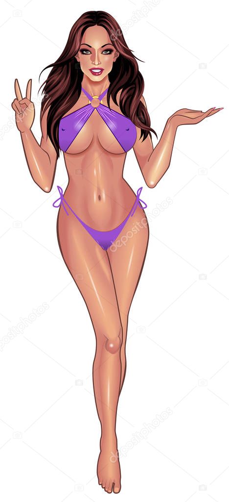 Beautiful sexy young women in purple bikini isolated on white background. Beach summer lady with with perfect fitness body. Use for logos, print products, web decor or other design. Vector.