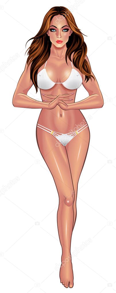 Beautiful sexy young women in white bikini isolated on white background. Beach summer lady with with perfect fitness body. Use for logos, print products, web decor or other design. Vector.