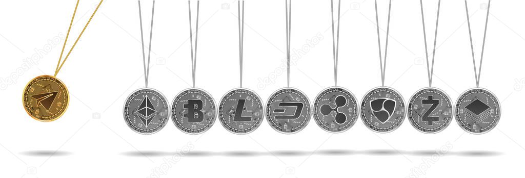 Newton cradle made of gold gram and silver crypto currencies isolated on white background. Ripple accelerates other crypto currencies. Vector illustration. Use for logos, print products