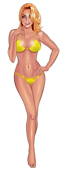 Beautiful young women in yellow bikini — Stock Vector
