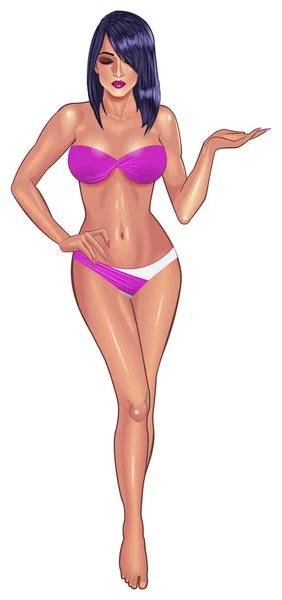 Wanita muda cantik dengan bikini ungu - Stok Vektor