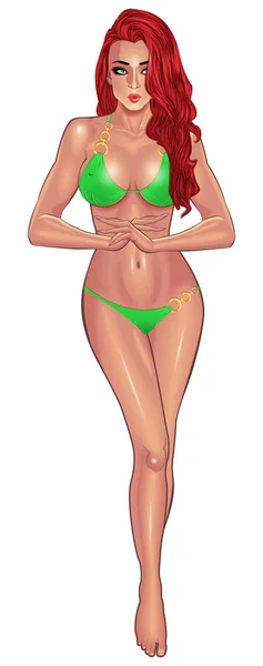 Beautiful young women in green bikini — Stock Vector