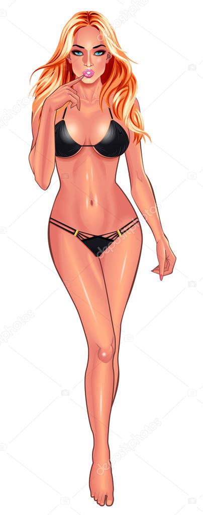 Beautiful sexy young women in black bikini isolated on white background. Beach summer lady with with perfect fitness body. Use for logos, print products, web decor or other design. Vector.