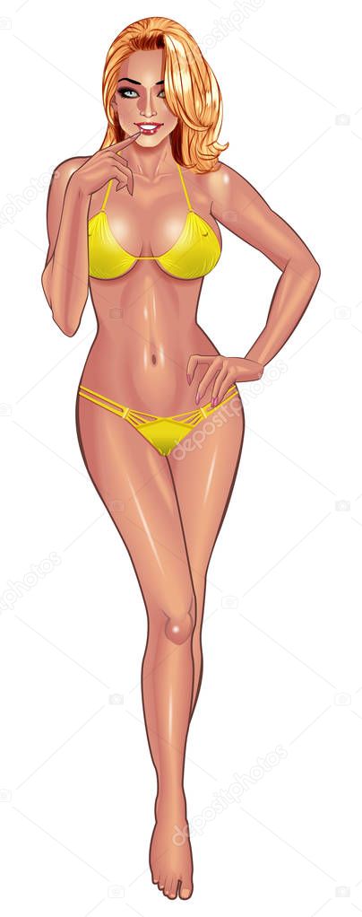 Beautiful sexy young women in yellow bikini isolated on white background. Beach summer lady with with perfect fitness body. Use for logos, print products, web decor or other design. Vector.
