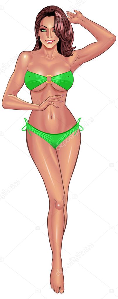 Beautiful sexy young women in green bikini isolated on white background. Beach summer lady with with perfect fitness body. Use for logos, print products, web decor or other design. Vector.