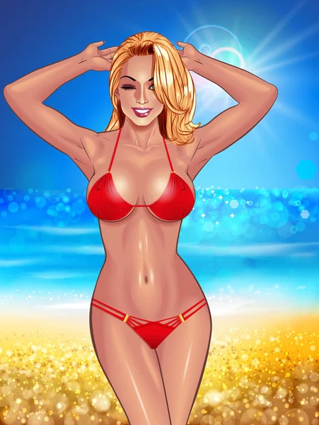 Schöne junge Frauen im roten Bikini — Stockvektor