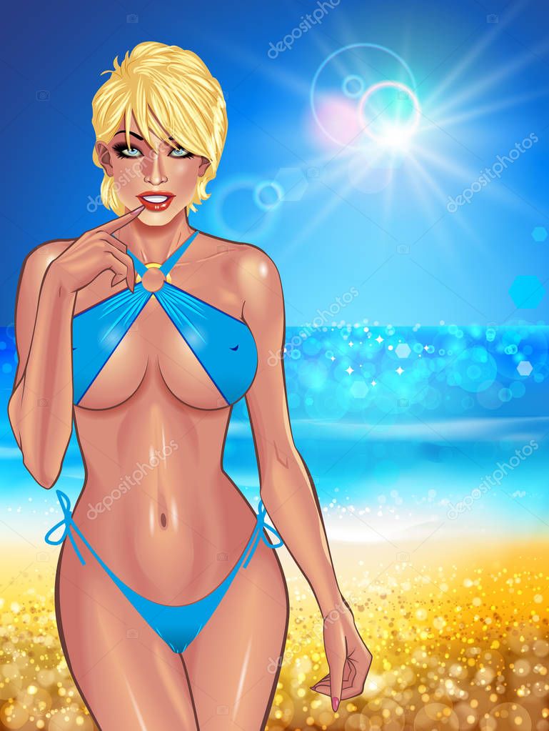 Beautiful sexy young women in blue bikini on tropical ocean beach background. Beach summer lady with with perfect fitness body. Use for logos, print products, web decor or other design. Vector.