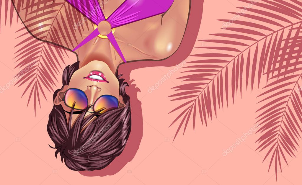 Beautiful sexy young women in purple bikini on tropical ocean beach background surrounded with palm trees shadows. Beach summer lady with with perfect fitness body.