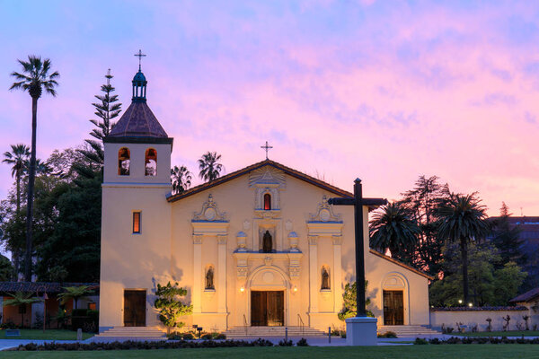 Exterior of Church of Mission Santa Clara de Asis. The front faade of Mission Santa Clara, student chapel of Santa Clara University.